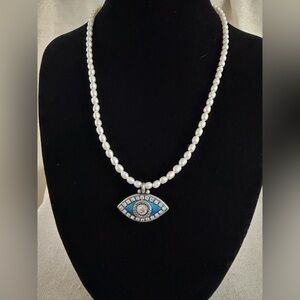 Michal Golan Pearl Necklace with Blue Eye Pendant
